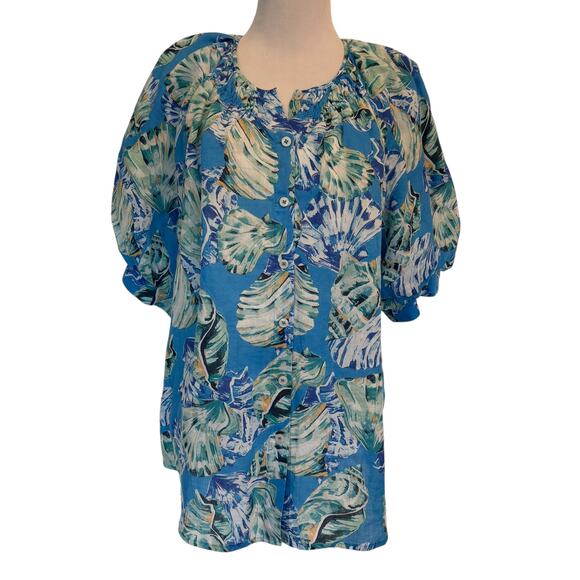 Chico's Shell Print Blouse Size 3 (Womens XL) Poolside Blue Beachy Seashells Top - Picture 2 of 9